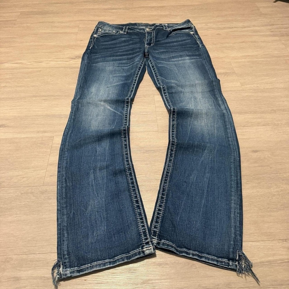 34x32 Faded Blue Embroidered Bootcut Jeans Y2K Vintage